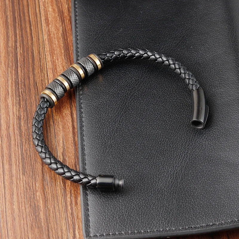 Simple Fashion Jewelry Waterproof Gold Plating Stainlees Steel Genuine Leather Bracelet Wholesale