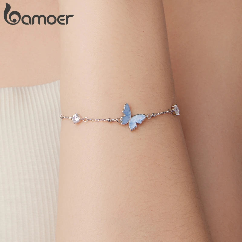 Bracelet Bamoer en argent sterling 925 avec breloque papillon, perles CZ légères et chaîne à maillons, cadeau pour femmes et adolescentes, ornement naturel pour le poignet