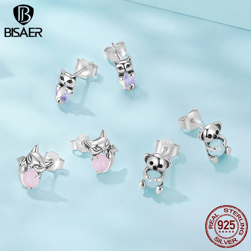 BISAER Real 925 Sterling Silver Mini Kitty Stud Earrings Fox Koala Panda Bear Animals Stud Ear For Girls Party Fine Jewelry Gift
