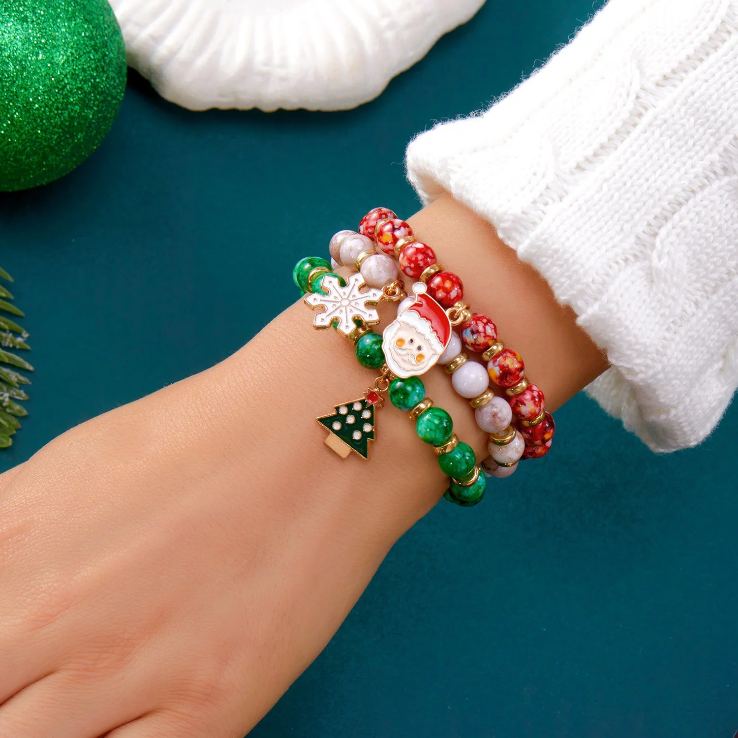 3Pcs/Set Colorful Beads Christmas Bracelet For Women Xmas Tree Snowman Santa Claus Snowflake Beaded Bracelet New Year Jewelry