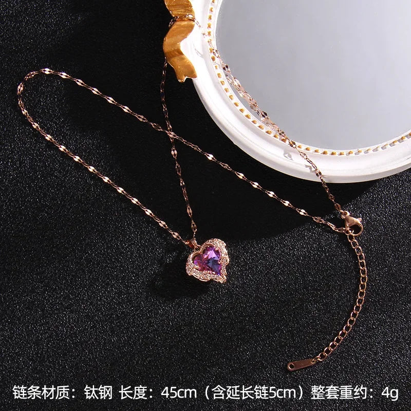 Luxury Colorful Crystal Ocean Heart Pendant Necklace For Women Korean Fashion Stainless Steel Neck Chain Female Wedding Jewelry - Madeinsea©