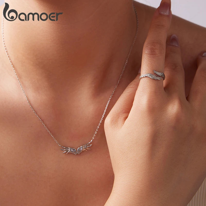 Bamoer 925 Sterling Silver Angel Wings Jewelry Set Vintage Feather Open Ring O-chain Link Necklace for Women Guardian Gift
