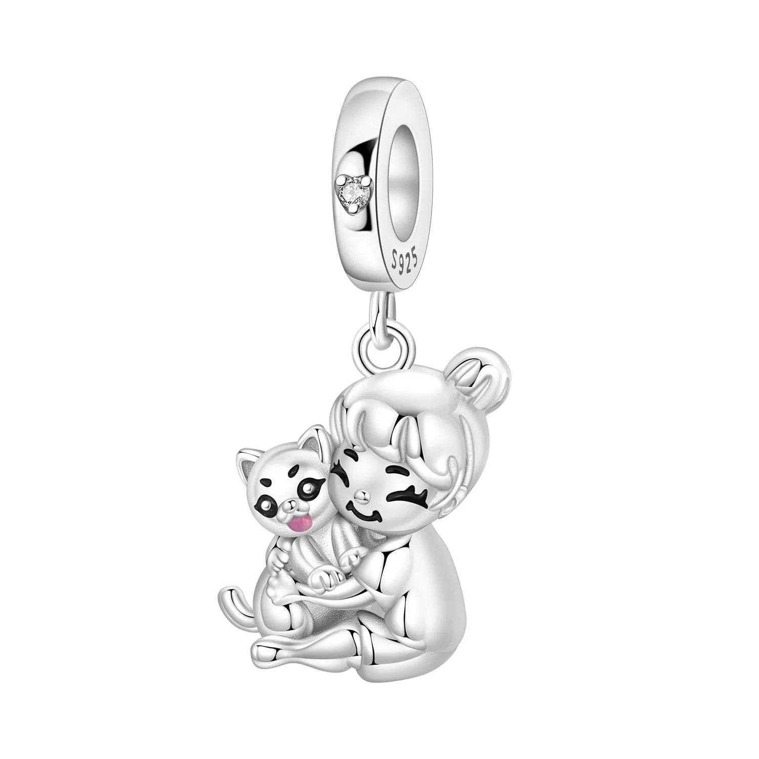PANPOKI 925 Sterling Silver Cat Hug Animal Pet Beads Original Pendants Bracelet Charm Jewelry Party DIY Trendy Gifts