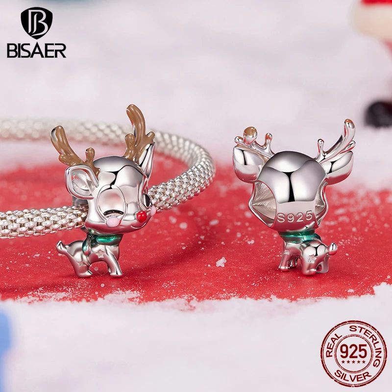 BISAER 925 Sterling Silver Christmas Series Charm Bead Crystal Ball Snowman Apple Safety Chain Fit Women DIY Bracelet Jewelry