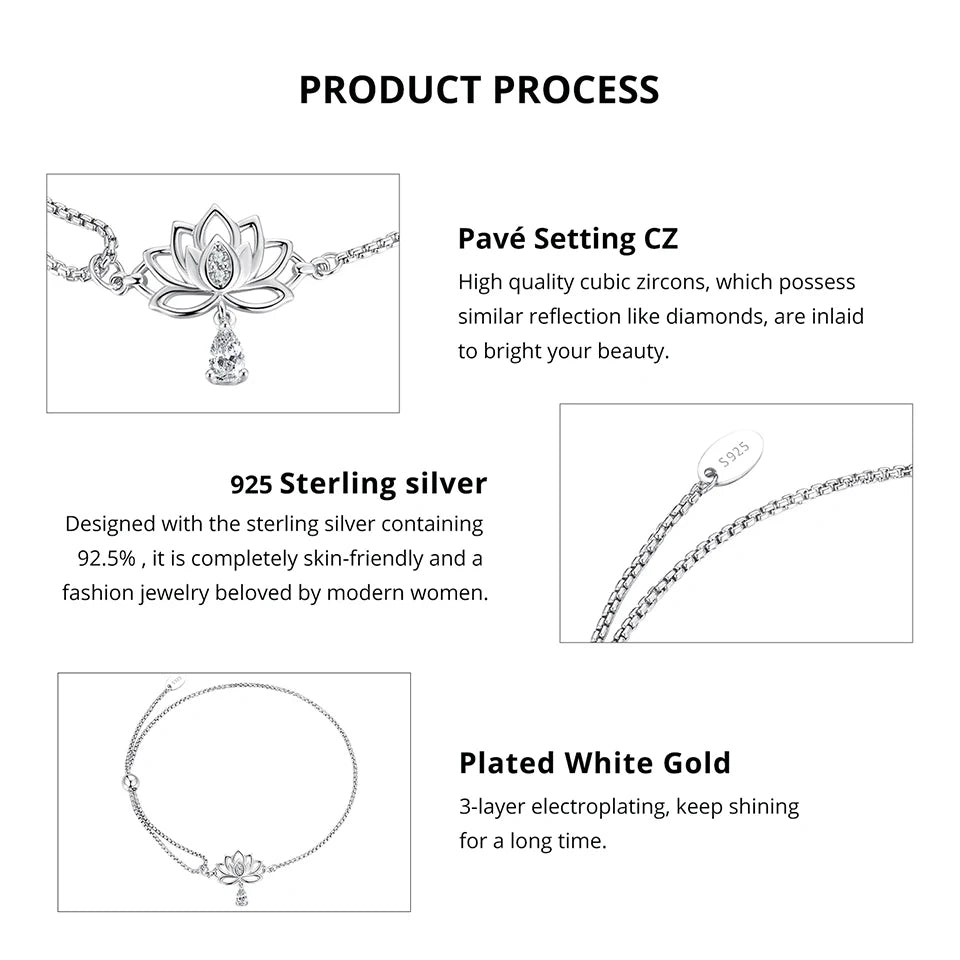 WOSTU Minimalist Lotus Flower Bracelet 925 Sterling Silver, Adjustable Chain with Cubic Zirconia Yoga Meditation Jewelry Gift