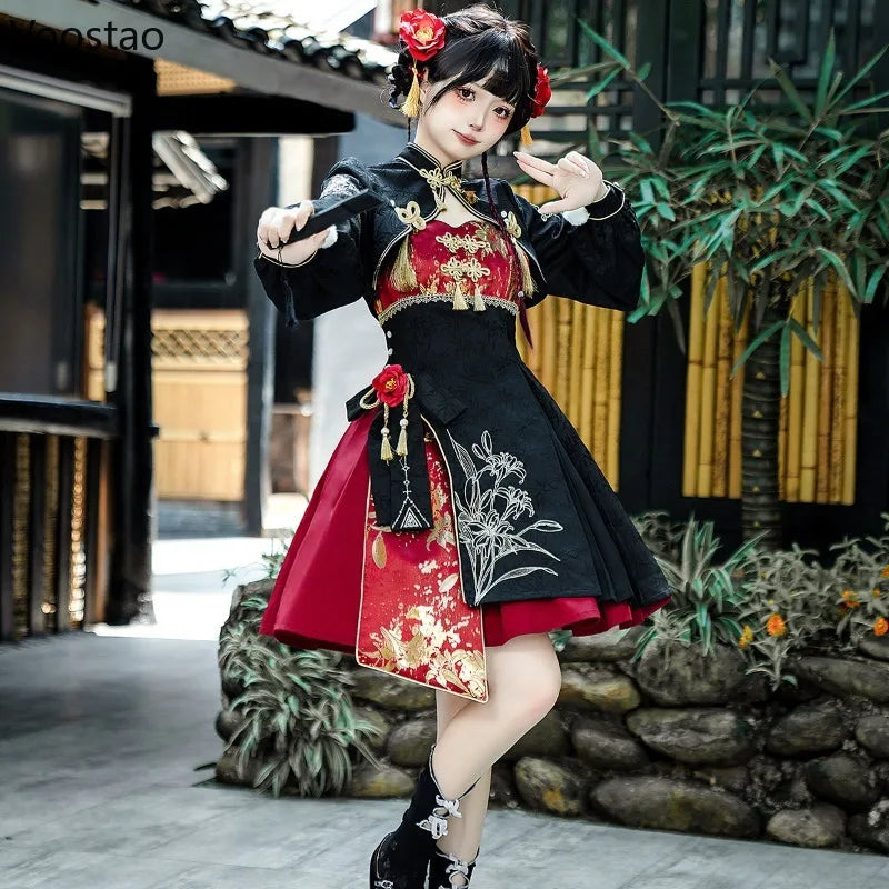 Chinese Style Gothic Lolita Dress Women Punk Style Sweet Black Red Eveing Party Dresses Harajuku Y2k Cosplay Princess Mini Dress