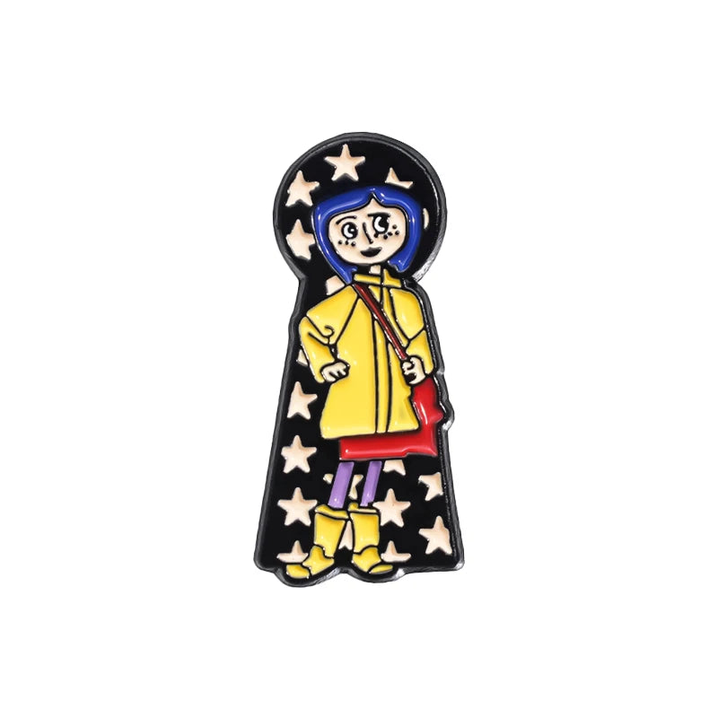 Horror Animated Films Coraline Doll Enamel Pins Cartoon Character Role Brooch Lapel Badge Punk Halloween Jewelry Gift for Friend