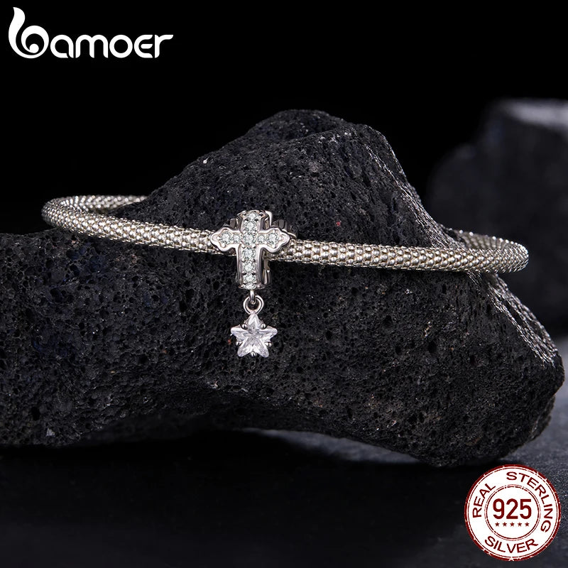 Bamoer Anhänger aus 925er Sterlingsilber, zweifarbig, mit Jungfrau Maria-Motiv, Kreuzanhängern und Flügelperlen, ideal für DIY-Armbänder und mehr.