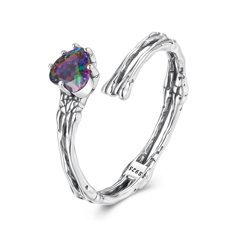 Bamoer 925 Sterling Silver Skull Hand Open Ring Adjusable Rainbow Heart Ring Double-layer for Women Halloween Punk Jewelry Gift