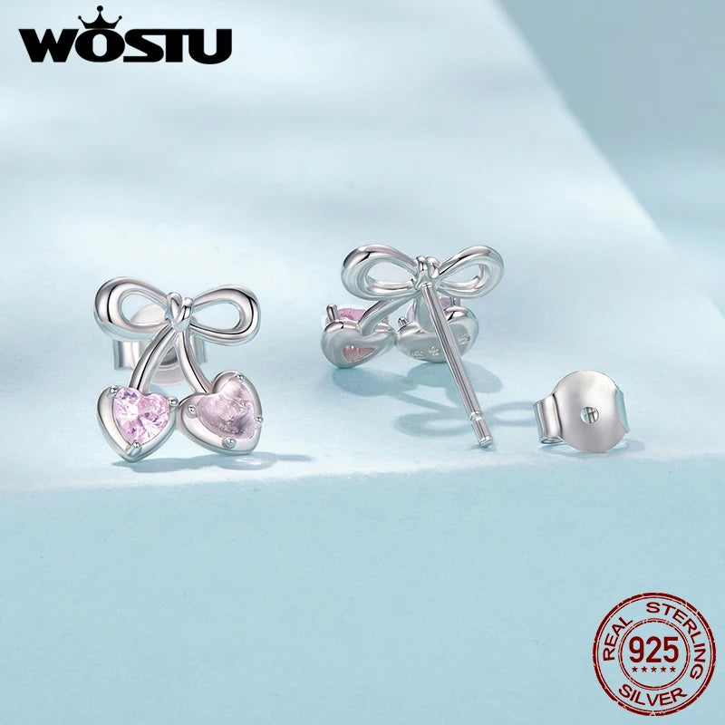 WOSTU Pink Cherry Bow Earrings For Women , Girl 925 Sterling Silver Stud Earrings Birthday Party Gift, Hypoallergenic Studs Xmas
