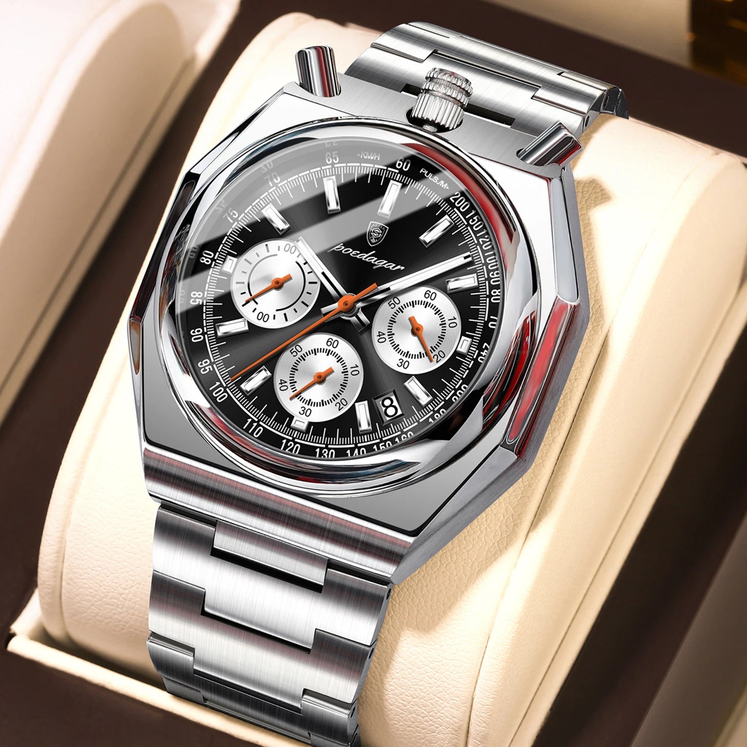POEDAGAR Top Luxury Man Wristwatch Fashion Luminous Date Stainless Steel Men Watch Chronograph High Quality Men's Quartz Watches