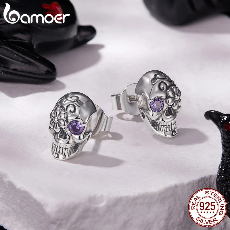 BAMOER 925 Sterling Silber Totenkopf- und Spinnenohrstecker für Damen, oxidierte Halloween-Ohrringe im Vintage-Stil mit Zirkonia