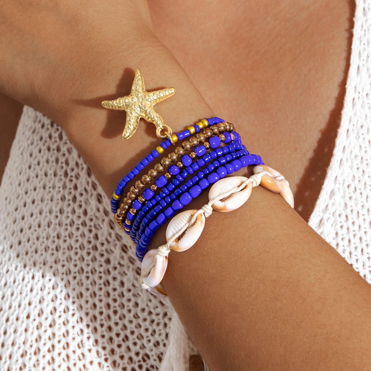 Tocona Bohemian Resort Style Shell Beaded Weaving Bracelet Beach Style Starfish Rice Beads Seven Piece Set for Women 25134 - Madeinsea©