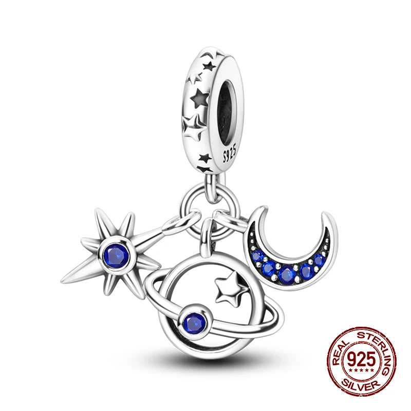 100% 925 Sterling Silver Sparkling Cat Moon Sun and Stars Charms Pendants Fit 3mm 925 Original Bracelets DIY Fine Jewelry