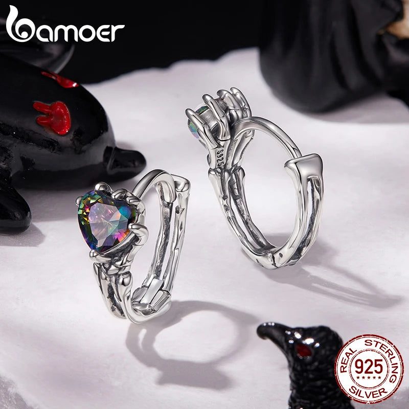 BAMOER 925 Sterling Silber Skelett-Herz-Creolen, doppellagig, Retro-Ohrringe im Huggies-Stil für Damen, Halloween-Party-Schmuck