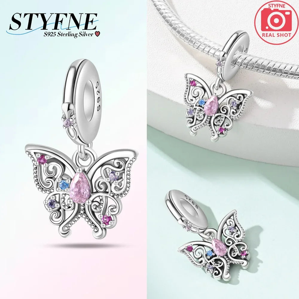 Charms 925 Silver Butterfly Series Zircon Colorful Butterfly Beaded Pendant Fit Original Bracelet DIY Jewelry Making for Women
