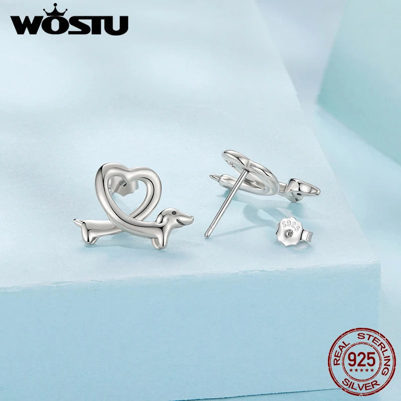 WOSTU 925 Sterling Silver Dachshund Heart Stud Earrings For Pet Lover, Unique Girl Birthday Gift S925 Animal Dog Ear Studs