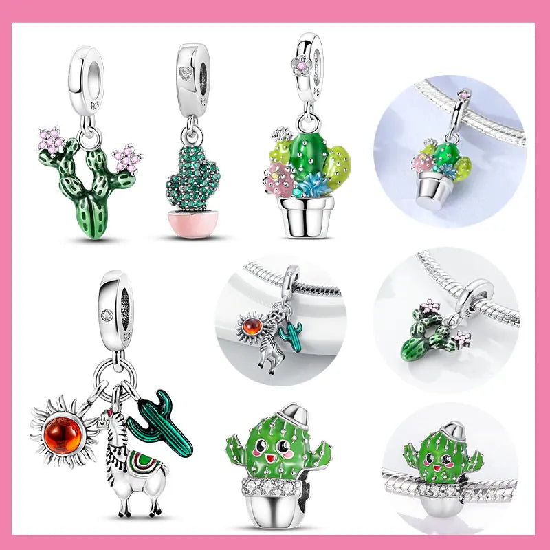 925 Sterling Silver Green Series Tree Cactus Leaves Pendant DIY Charm Beads Fit Original Bangle Charms Bracelet Women Jewelry