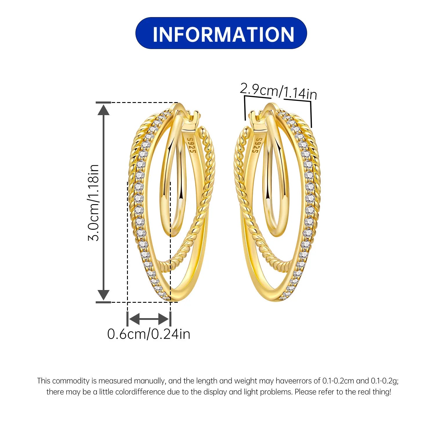 PANPOKI S925 Sterling Silver 18k Gold French 3-Ring Earrings Hoop Earrings For Women Jewelry Original Trendy Anniversary Gifts