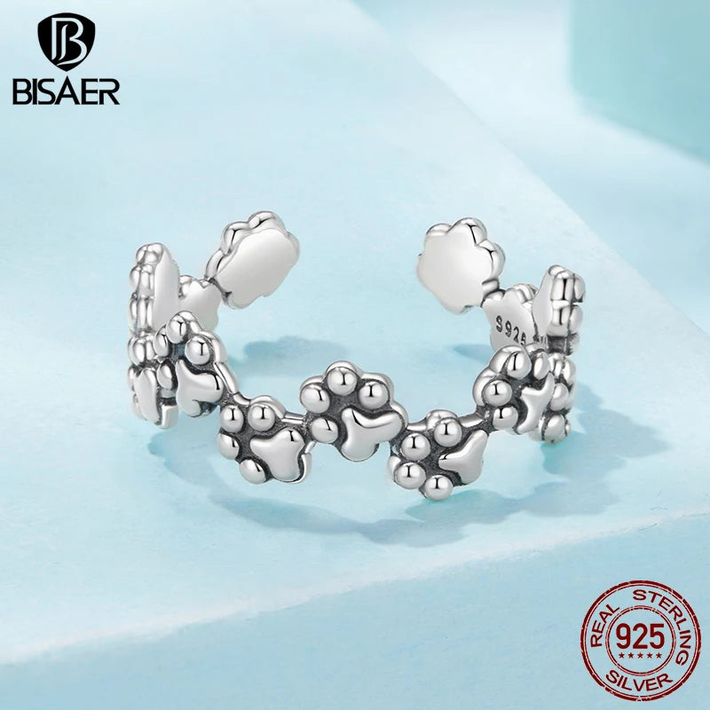 BISAER 925 Sterling Silver Paw Print Open Ring Hollow Pet Paws Band Adjustable Size 5-9 for Women Party Original Fine Jewelry