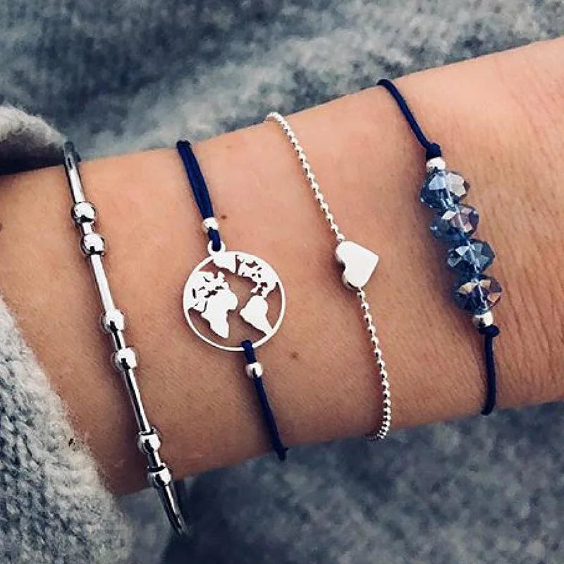 Trendy Geometric Link Chain Bracelet Set For Women Rhinestones Gold Color Leaves Heart Pendant Open Cuff Bangle Girls Jewelry - Madeinsea©