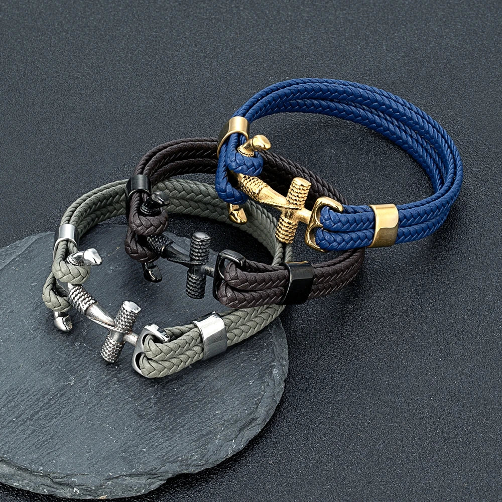 MKENDN Navy Style Men Vintage Anchor Bracelet Handmade Woven Multilayer Leather Bracelets Women Cuff Wrap Rope Wristband Gift