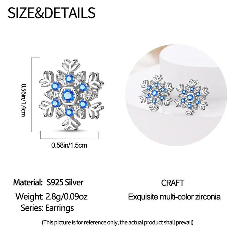 925 Sterling Silver Christmas Blue Snowflakes Tassel Diamond Earrings Red Bow for Women Creative Jewelry Christmas Themed Gifts