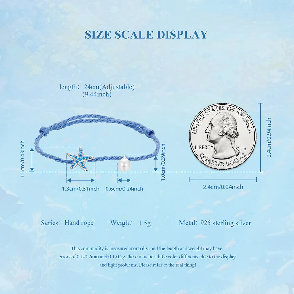 BISAER 925 Sterling Silver Bule Starfish Pearl Bracelet Simple Bracelets for Women Charms Beads DIY Fine Jewelry Holiday Gift