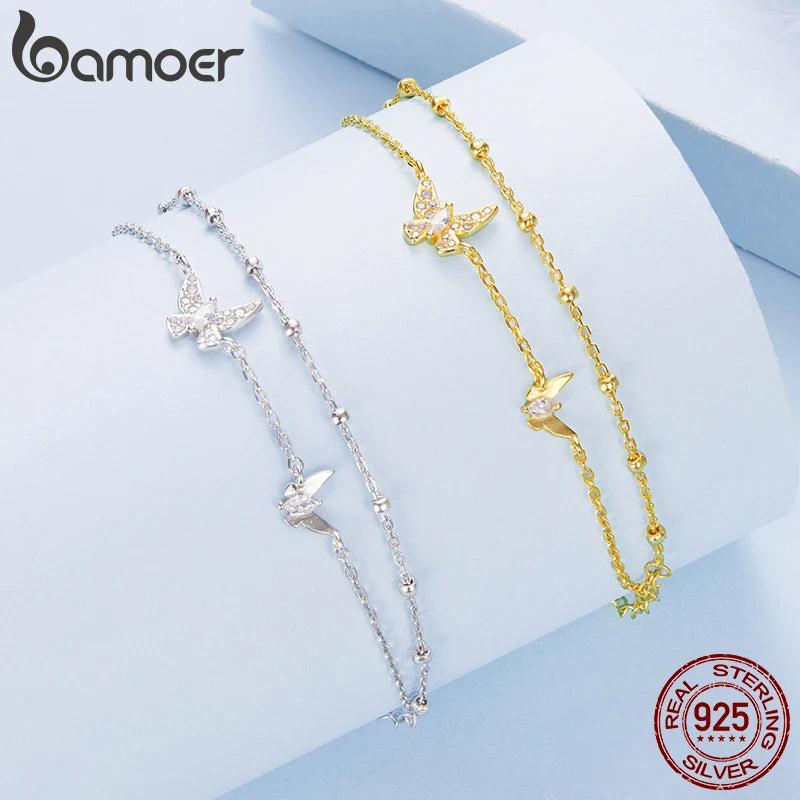 BAMOER Doppellagiges Schmetterlingsarmband aus 925er Sterlingsilber, verstellbar, mit Zirkonia-Perlen besetzt, zartes Geschenk für Damen