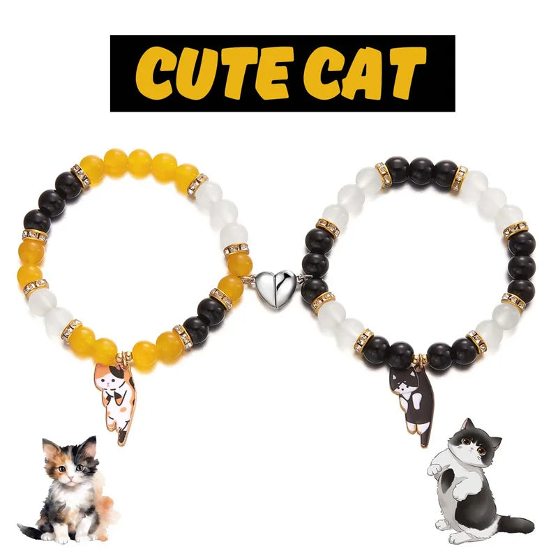 2pcs Magnetic Couple Bracelets Love Heart Shaped Matching Attraction Cat Kitten Pendant Bracelet Women Men Lover Wedding Jewelry