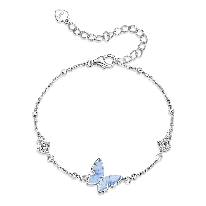 WOSTU 925 Sterling Silver Blue Butterfly Charm Bracelet for Women, Shiny Zircon Beaded Chain Links Enamel process Insect Jewelry