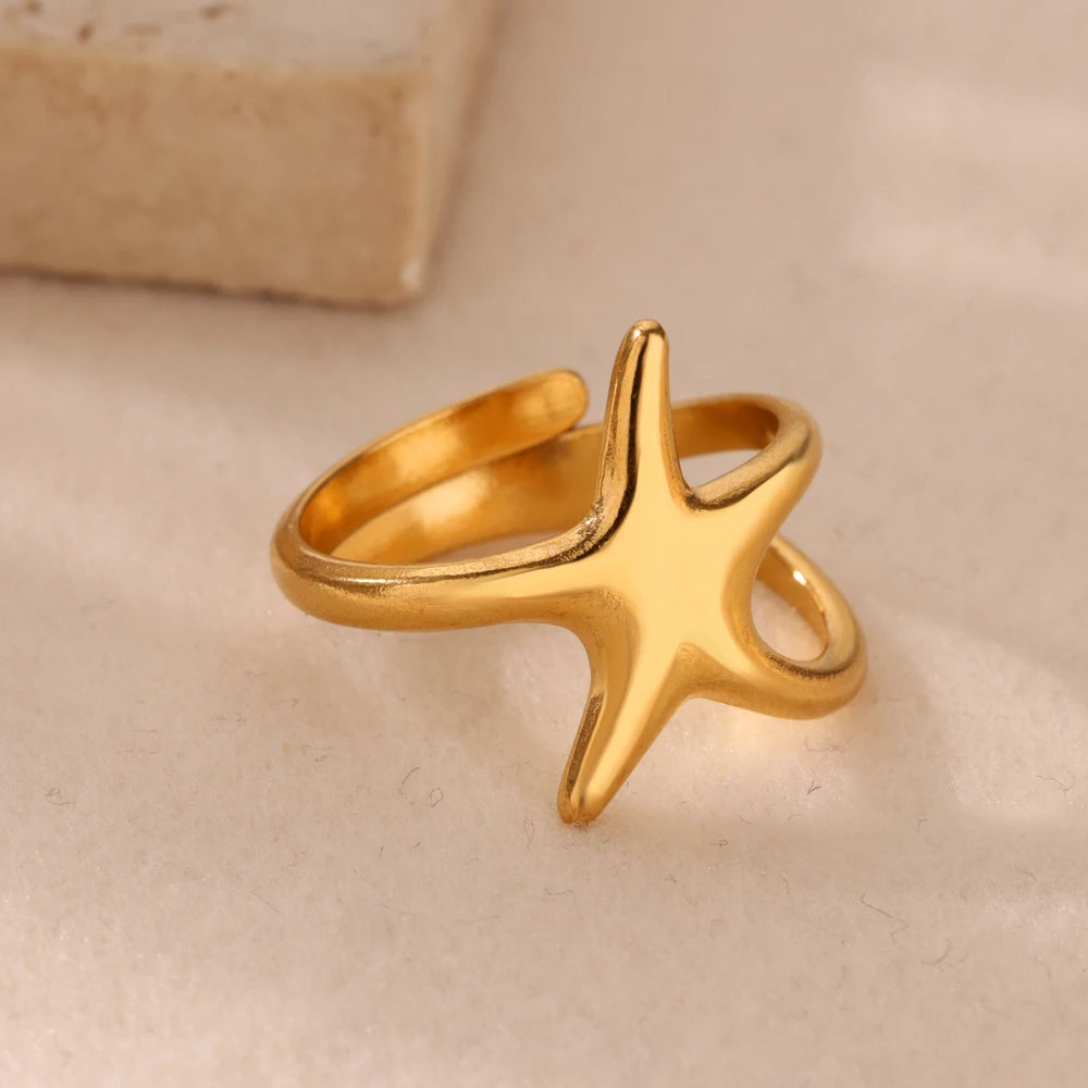 Ocean Starfish Shell Open Rings For Women Gold Color Stainless Steel Ring Summer Beach Aesthetic Waterproof Jewelry Gift