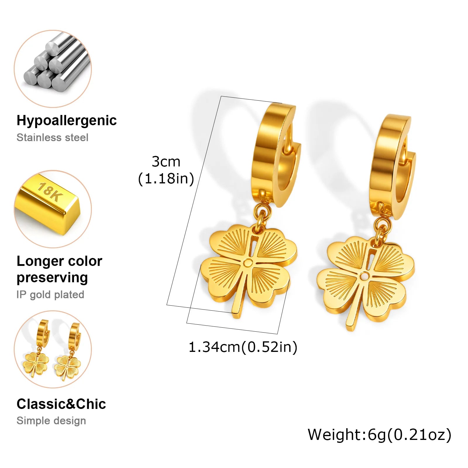Vnox  Lucky Four Leaf Clover Earrings For Women Simple Stainless Steel Gold Plated Cartilage Hoop Earrings Fashion Jewelry Gifts