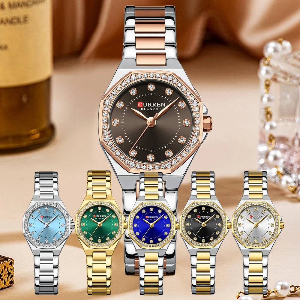 CURREN Luxury Elegance Watch for Women Simple Quartz Wristwatches with Sparkling Rhinestones Stainless Steel Bracelet Waterproof