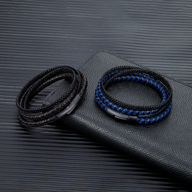 Simple Style Men Double Layer Leather Bracelet Matte Black Stainless Steel Button Accessories Hand-woven Jewelry Gifts