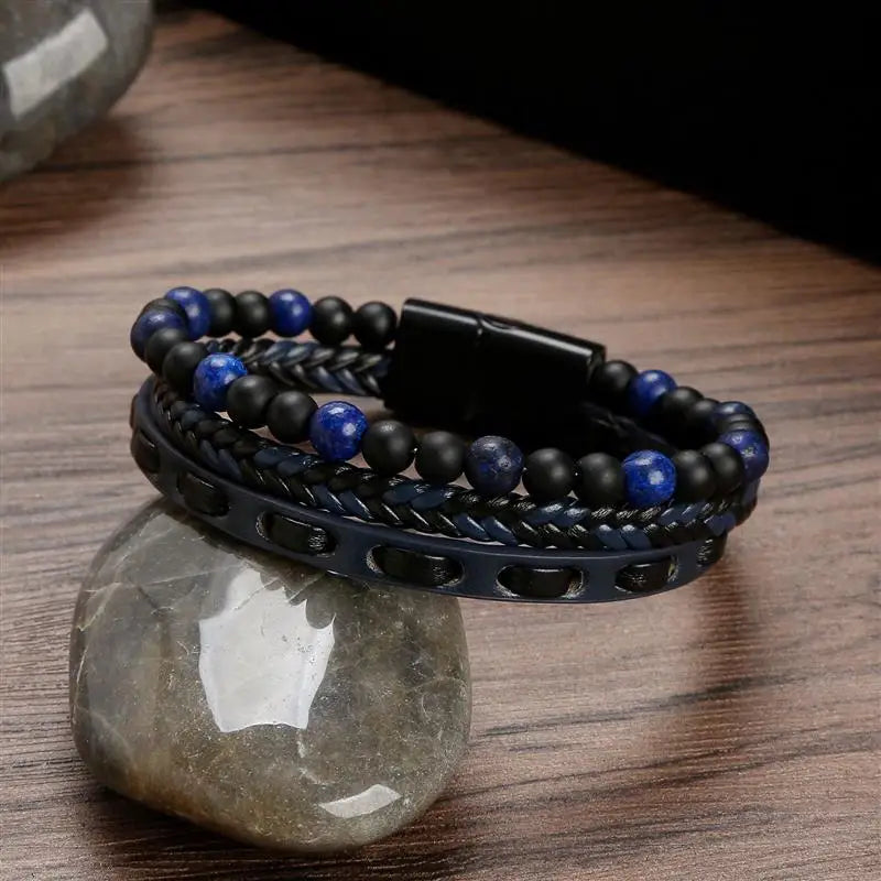 2023 New Men Bracelet Multilayer Leather Bracelet with Natural Stone Beads Punk Jewelry Stainless Steel Magnetic Clasp Bangles