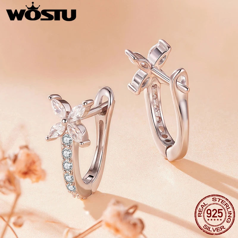 WOSTU 925 Sterling Silver AAA CZ Flower Huggies Earrings For Women Full Zircon Wedding Engagement Hoop Earrings Party Gift