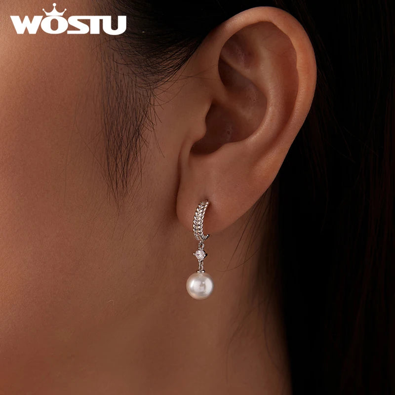 WOSTU 0.2CT Moissanite & Pearl Drop Stud Earrings For Women, Braided Dangle Earrings Wedding Engagement Party Jewelry Gift
