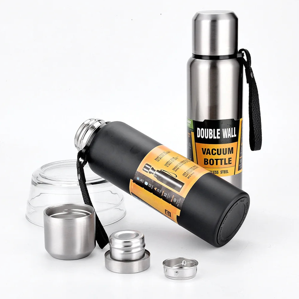 500/700/1000/1500ml Stainless Steel Thermos Flask Metal Drinkware Portable Vacuum Insulated Coffee Bottle with Rope and Cup