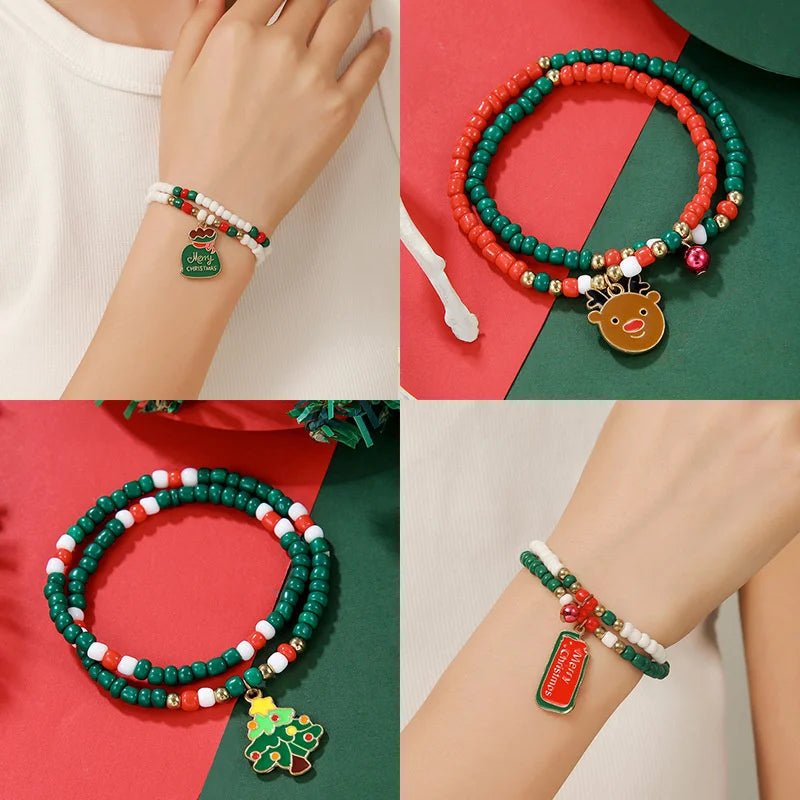 Handmade Rice Beads Christmas Bracelet for Women Santa Claus Snowman Xmas Tree Elk Pendant Bracelets New Year Party Jewelry Gift