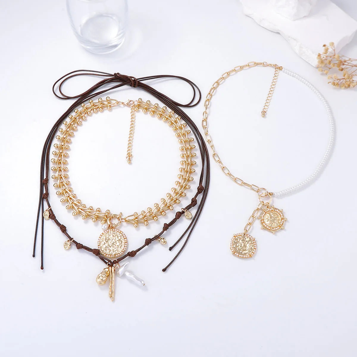 ZAA Retro Personalized Geometric Badge Imitation Pearl Pendant Women's Multi Layer Necklace