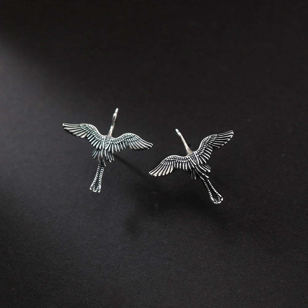 MKENDN 100% 925 Sterling Silver Creative Retro Flying cranes Stud Earring Punk Street Style Ear Pin for Women Men Animal Jewelry