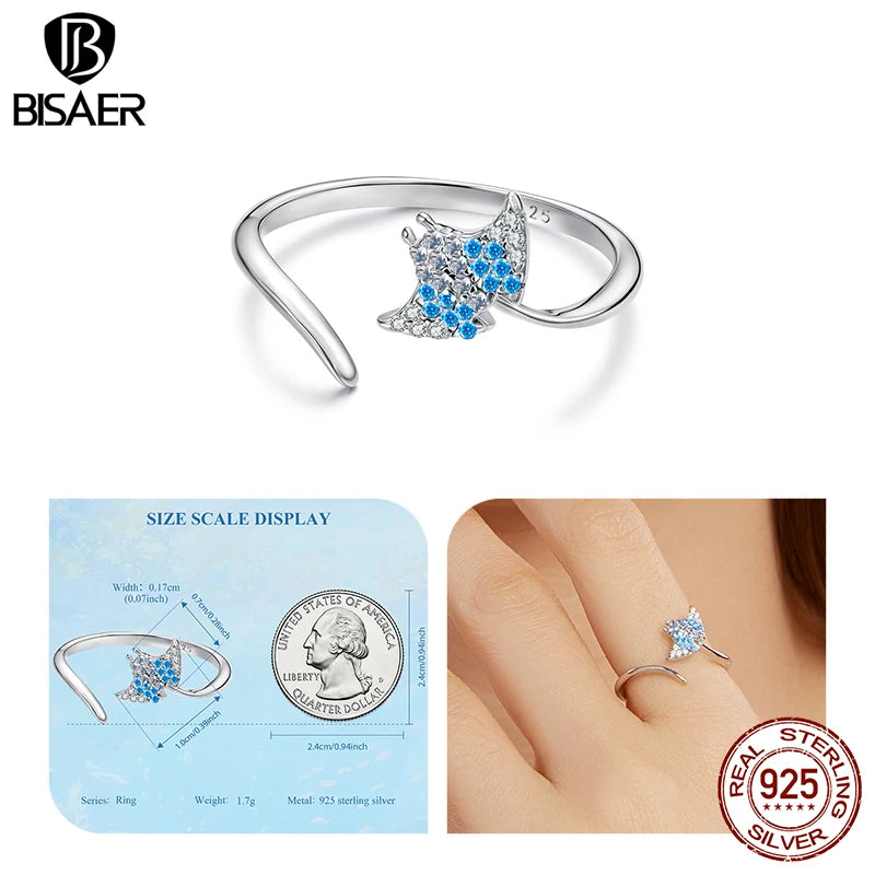 BISAER 925 Sterling Silver Ocean Animal Open Ring Starfish Pearl Conch Turtle Pearl Band for Women Party Jewelry Holiday Gift
