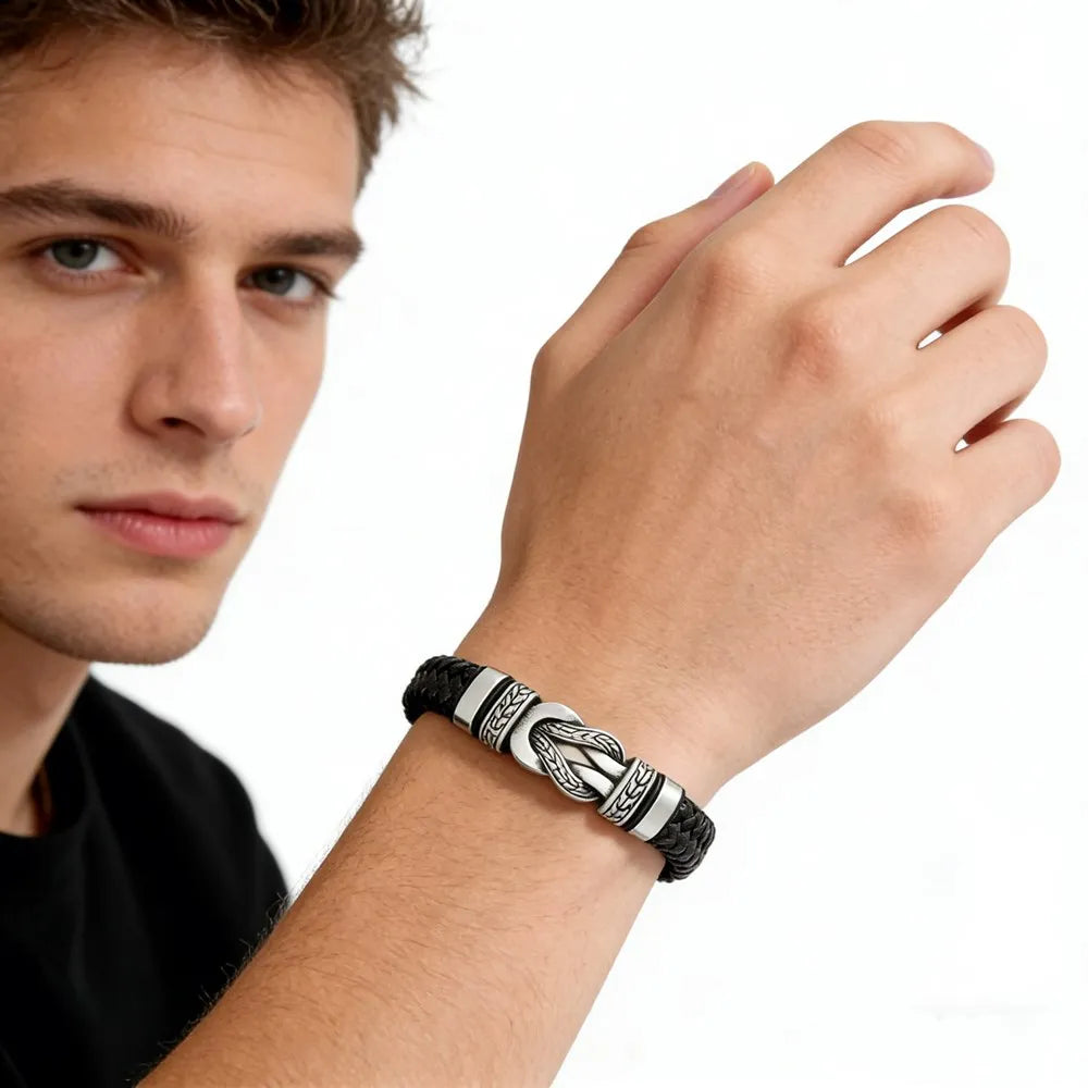 MKENDN Classic Men Infinity Bracelet Woven Multilayer Braided Leather Bracelets Stainless Steel Sailor Knot Jewelry Gifts