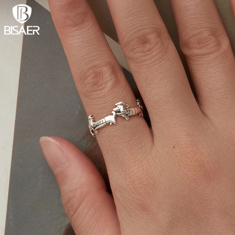 BISAER Real 925 Sterling Silver Dachshund Open Ring Cute Pet Dog Band Adjustable Size 5-9 for Women Party Fine Jewelry ECR1131-E
