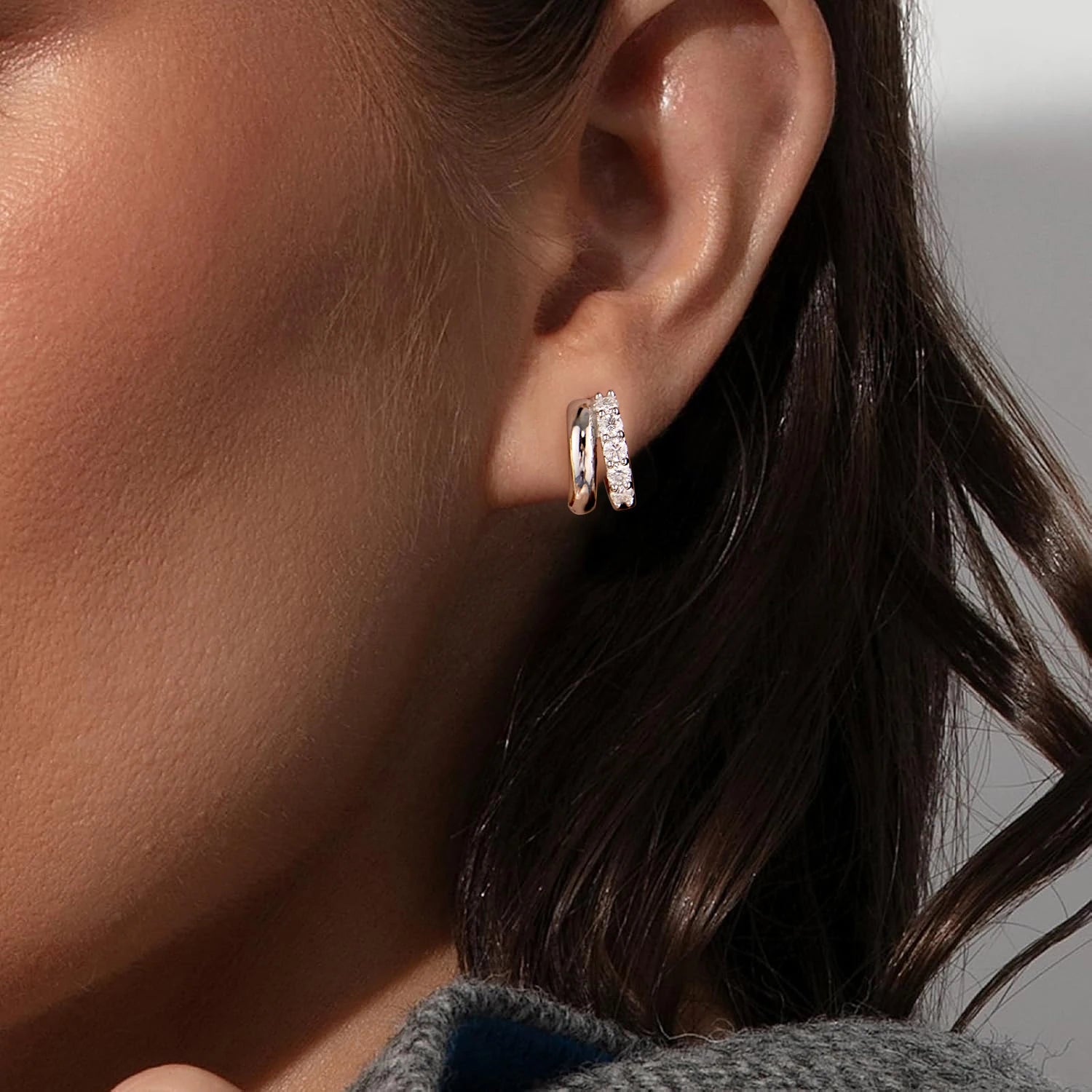 BAMOER 0.3CT Double-layer Moissanite Huggies Earring, 925 Sterling Silver Sparking Hoop Earring for Women Hypoallergenic Jewelry