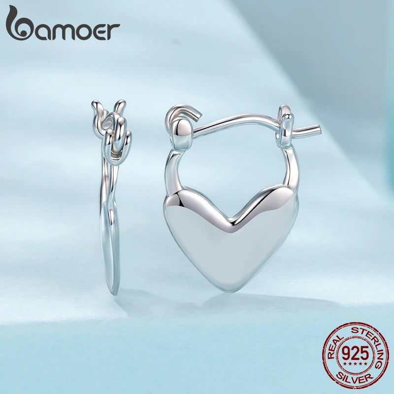 Bamoer 925 Sterling Silver Polished Heart Drop Earrings Love Hoop Ear Buckles for Women Teens Punk Minimalist Fine Jewelry
