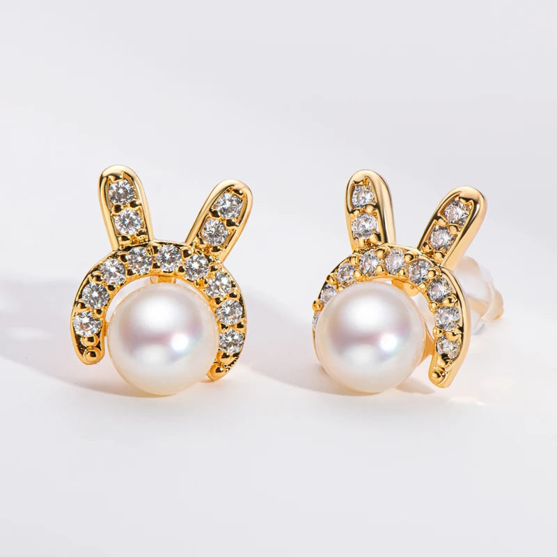 Cute Freshwater Pearl Rabbit Earrings For Women 6-6.5Mm 14K Gold Bag Women Children'S Birthday Party Jewelry Gift