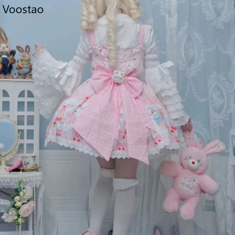 Japanese Sweet Lolita Jsk Dress Women Kawaii Cartoon Cat Print Bow Lace Ruffles Strap Dress Girls Cute Tea Party Mini Dresses
