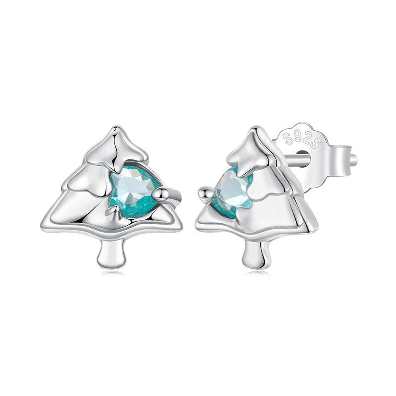 BAMOER 925 Sterling Silver Christmas Tree Stud Earrings, Plated White Gold Green Heart CZ Piercing Earrings for Girls Xmas Gift